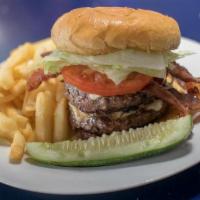 Online Build Your Own Double Burger · Double cheese burger. Served on a bulkie roll with lettuce, tomato, mayonnaise, French fries...