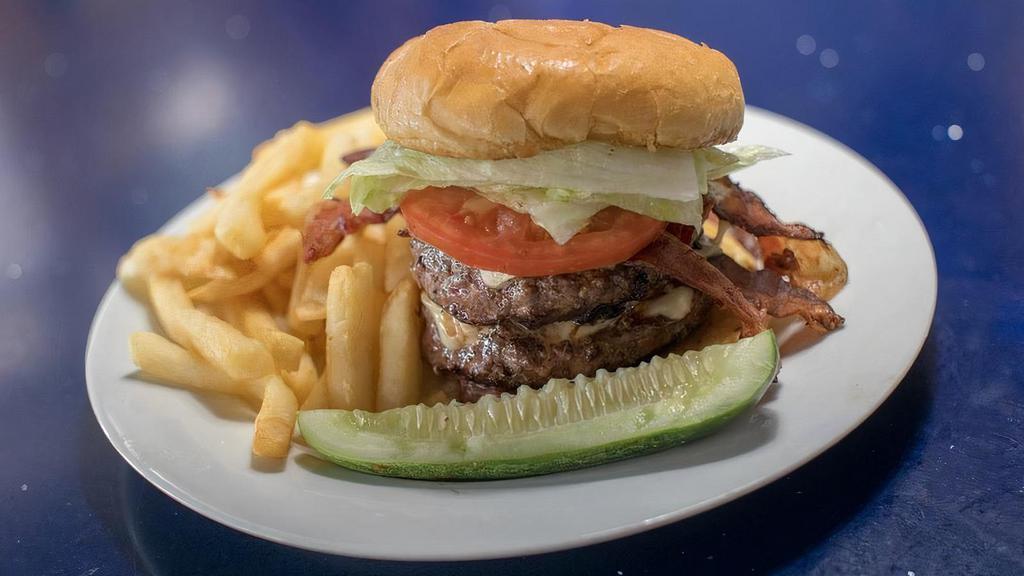 Online Build Your Own Double Burger · Double cheese burger. Served on a bulkie roll with lettuce, tomato, mayonnaise, French fries and a half sour pickle spear.