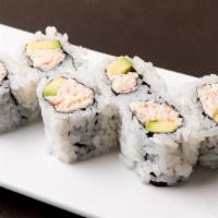 California Roll · Rice outside, imitation crabmeat, avocado, cucumber and seaweed inside.