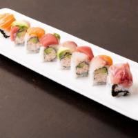 Rainbow Roll · Assorted raw fish and roe on top, shredded imitation crab inside.