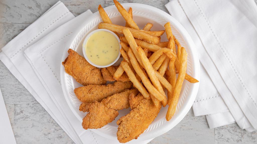 Chicken Strips · 3-4 pcs breaded and fried chicken breast served with honey mustard