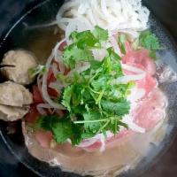 Dac Biet Pho · Gluten free. Rare meat. Beef broth, rice noodle, rare steak, well done flank, tripe and beef...