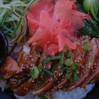 Roasted Duck Rice Bowl · Roasted duck, cucumber, bok choy, pickled ginger, scallions, and sesame seeds. Served with h...
