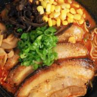 Spicy Miso Ramen · Contains eggs. Spicy. Spicy pork broth, with miso, cha-shu pork, menma, corn, nori, wood ear...