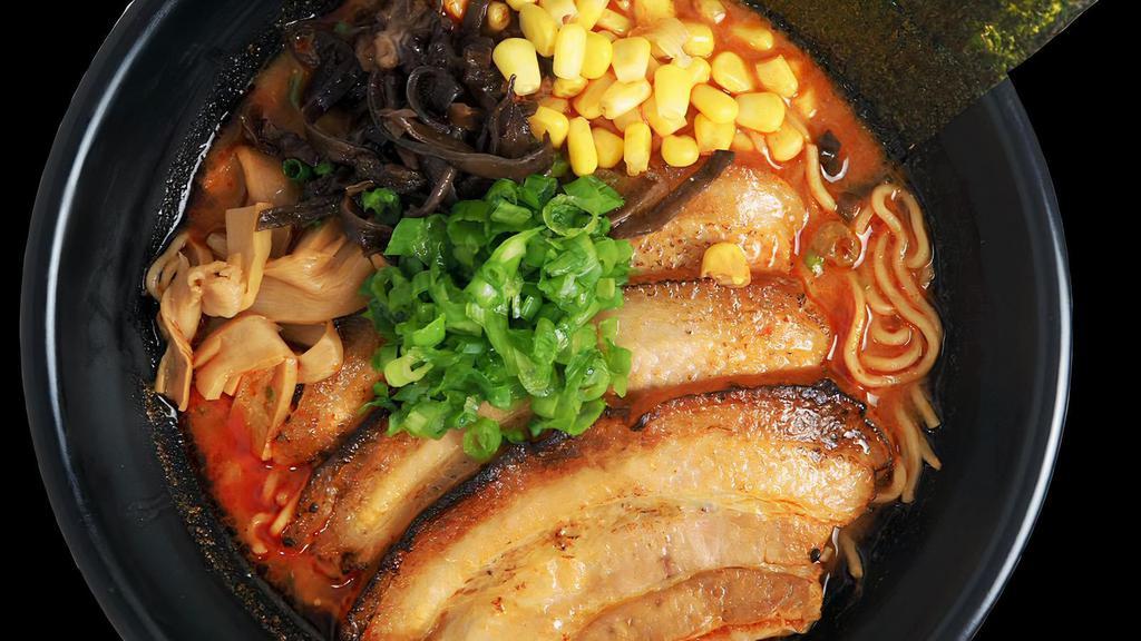 Spicy Miso Ramen · Contains eggs. Spicy. Spicy pork broth, with miso, cha-shu pork, menma, corn, nori, wood ear mushroom, scallion and sesame seeds.