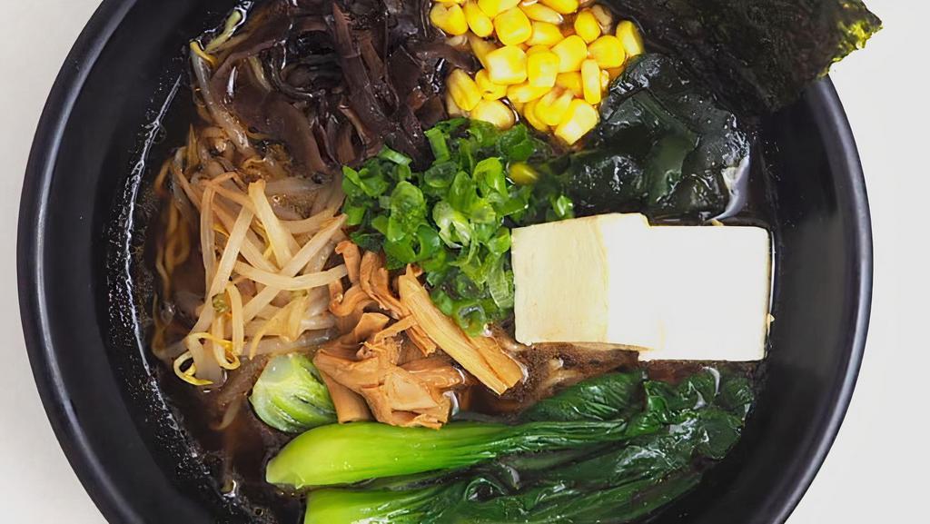 Yasai Ramen · Contains eggs. Can be made vegan. Veggie broth, steamed tofu, wood ear mushroom, bok choy, wakame seaweed, sweet corn, menma (Japanese bamboo), bean sprouts, nori and scallions. Vegan option made with rice noodles.