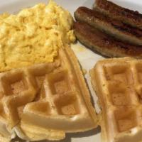 Waffle With 2 Eggs & Any Meat · Choice of meat (beef, pork, turkey(Bacon, sausage, scrapple))