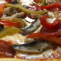 X Large The Works · Pepperoni, sausage, mushroom, onions, green peppers with our homemade pizza sauce and mozzar...