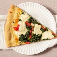 White Veggie Spinach Pizza · Mozzarella and ricotta cheese, marinated tomatoes slice, spinach and garlic, and oil.