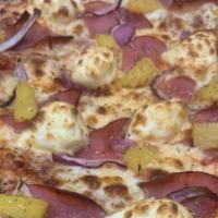 Hawaiian Pizza · Ham,  pineapple, bacon, and mozzarella cheese.