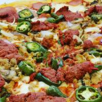 Mexican Pizza · Pepperoni, sausage, onion, ground beef, mushrooms, and jalapeno peppers.