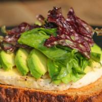 Avocado Toast · Wheat toast with fresh avocado, egg, and spring mix with lemon vinaigrette.