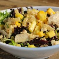 Asian Salad · Mixed greens, grilled chicken, wontons, sesame seeds, mango and sliced almonds with Asian dr...
