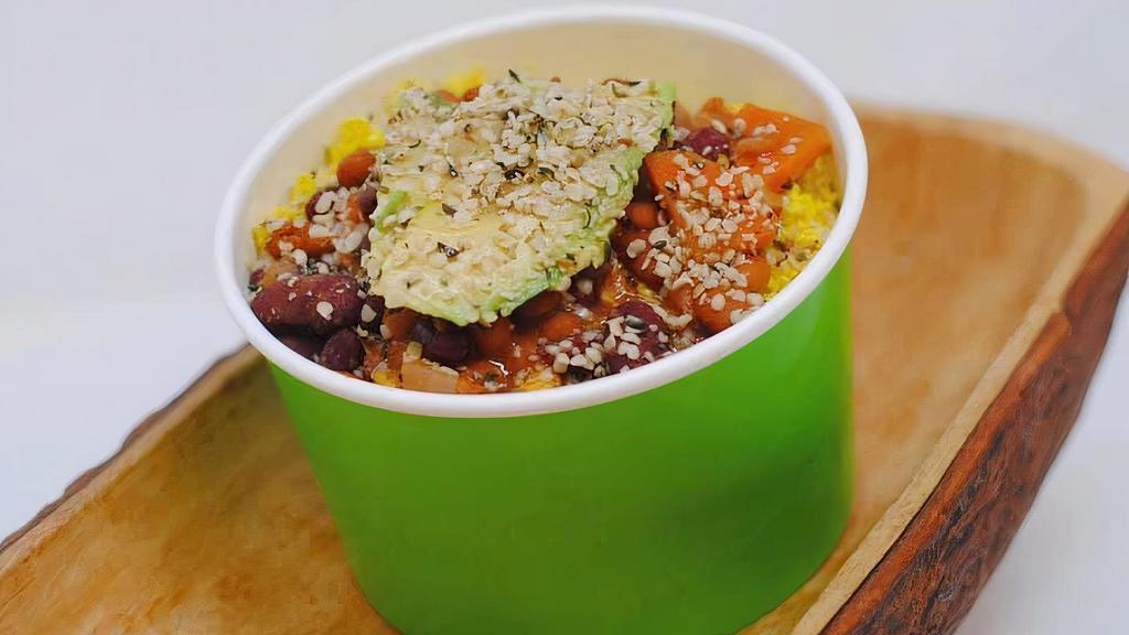 Scramble Bowl · Tofu Scramble topped with our famous veggie chili, avocado and hemp seed 