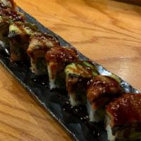 Hong Kong Dragon Roll · California roll with spicy tuna topped with unagi and avocado, finished with eel sauce.