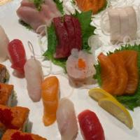 Chef Combination · assortment of sashimi, nigiri, and one roll.