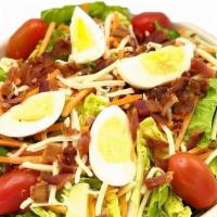 Cobbfather · chopped romaine, cheddar cheese, cherry tomatoes, applewood smoked bacon, hardboiled egg pai...