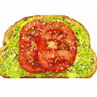 The Basic Avocado Toast · avocado, sliced tomato, and everything seasoning on artisan bread (DF, V)