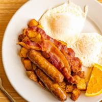 Hungry Man Special · 2 eggs with 2 bacon, 2 sausage, toast, home fries and a choice of 2 pancakes or 2 french toa...