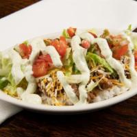 Taco Rice · Spiced ground beef, Cheddar and Jack cheeses, romaine lettuce, pico de gallo, cilantro lime ...