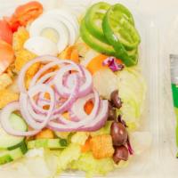 Garden Salad · Include lettuce tomatoes green peppers pepperoncini red onions cucumbers olives boiled egg a...