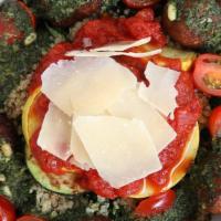 The Tuscan · marinated kale, quinoa, eggplant meatballs, sautéed zucchini, grape tomatoes, parmesan, mari...