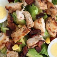 Summer Cobb Salad · romaine, chicken, bacon, hard boiled egg*, avocado, cucumbers, corn, grape tomatoes (cal: 54...