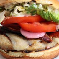 The Freebird · ground turkey patty, bacon, cheddar, lettuce, tomato, pickled onion, garlic aioli (cal: 785)...