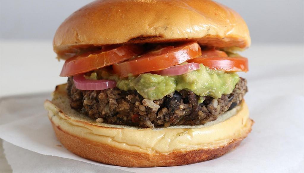 Chipotle Veggie Burger · black bean veggie patty, avocado, pickled red onions, tomato, chipotle puree (cal: 439) - Vegan -Allergens: Soy, Wheat