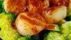 Scallops W. Sha Cha Sauce · grilled sea scallops on a bed of steamed vegetables, served with Chinese barbecue sauce