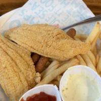 Fried Fish · Fried white fish filet with cajun seasoning and your choice of side.