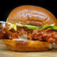 Buffalo Chicken Sandwich · Crispy Fried Chicken Tossed in our Hot & Honey Buffalo Sauce, Dill Pickles, Buttermilk Bleu ...