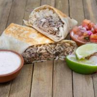 Burrito Carnitas · Cilantro- Lime Rice, Black Bean Refritos, Queso Fresco, Chile, Crema, Cilantro, Carnitas