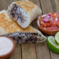 Burrito (No Protein) · Cilantro- Lime Rice, Black Bean Refritos, Queso Fresco, Chile, Crema, Cilantro