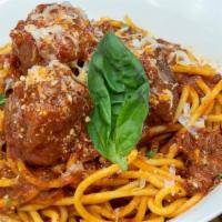 Bucatini & Meatballs · Our House Made Meatballs, Bucatini, Sunday Sauce, Pecorino, Basil