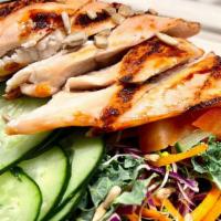 Grilled Chicken Salad · Grilled organic chicken breast on house greens with
tomato, cucumbers, & green bell pepper.