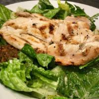 Chicken Caesar Salad · Organic Grilled Chicken over tossed Organic Romaine-Parmesan-Vegan Caesar & GF Oasis Croutons.