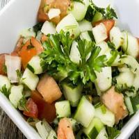 Shirazi Salad · Chopped cucumbers, tomatoes, fresh herbs and onions. Served with House dressing