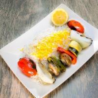 Moby'S Veggie Kabob Entree · Grilled seasonal veggies served with basmati rice. Served with a side of yogurt cucumber sauce