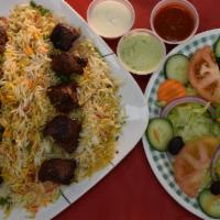 Beef Tikka Platter · Beef Cubes Barbecue to Perfection in Tandoor (Clay Oven).  2 Skewers Beef Tikka with Rice an...
