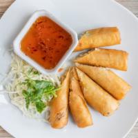 Spring Rolls · Chicken, spices, bean thread noodles and mixed vegetables wrapped in flour paper, deep-fried...