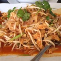 N-2. Lad Na · Pan-fried homemade flat rice noodles with choice of beef, chicken or pork; topped with brocc...