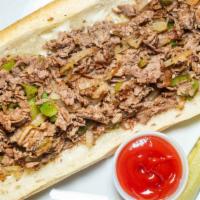 Philly Cheese Steak · Our 100% sirloin chopped on the grill and loaded in a toasted Italian long roll.