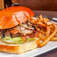 Blue Ribbon Burger · Bacon, grilled onions, mushrooms, lettuce, crumbled Bleu cheese, and balsamic reduction. Ser...