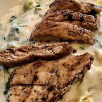 Fettuccine Alfredo · Alfredo with asparagus, spinach, peas, broccoli.  Add chicken,  add shrimp,  add salmon,  ad...