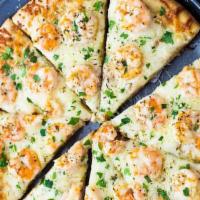 Scampi White Pizza · Shrimp, fresh garlic, tomatoes, and olive oil.