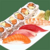 Go Fish Combo D · 4 pieces sushi (salmon, tuna, shrimp, and hamachi) and spicy salmon roll