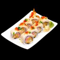 White Mountain Roll · Crabstick and shrimp tempura inside, topped with white tuna, tobiko, tempura flakes, scallio...