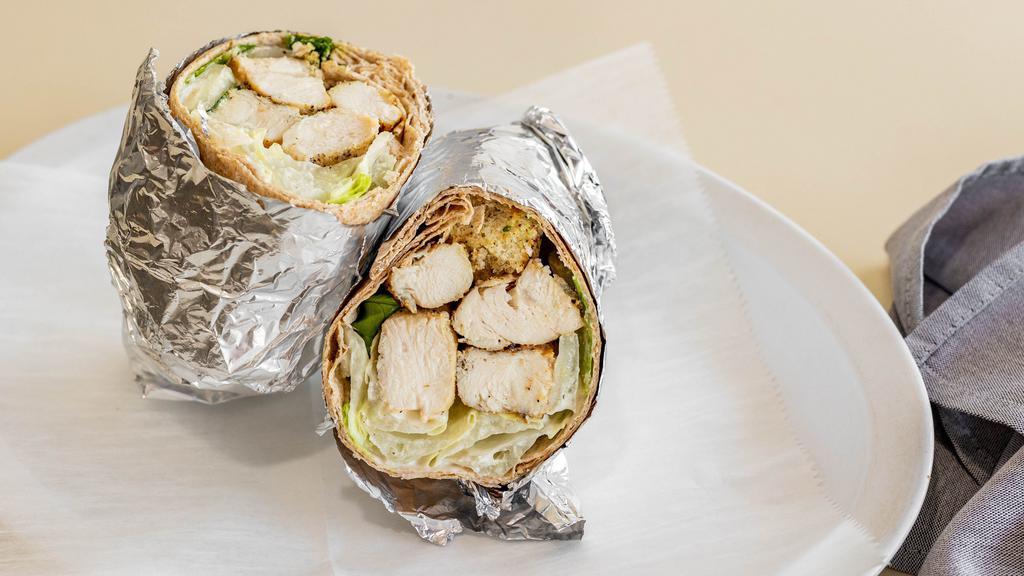 Chicken Caesar Salad Wrap · Grilled chicken, romaine lettuce, Parmesan cheese, and Caesar dressing.
