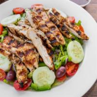 Grilled Chicken Salad · Fresh boneless chicken. Includes lettuce, tomatoes, green peppers, red onions, cucumbers, ha...